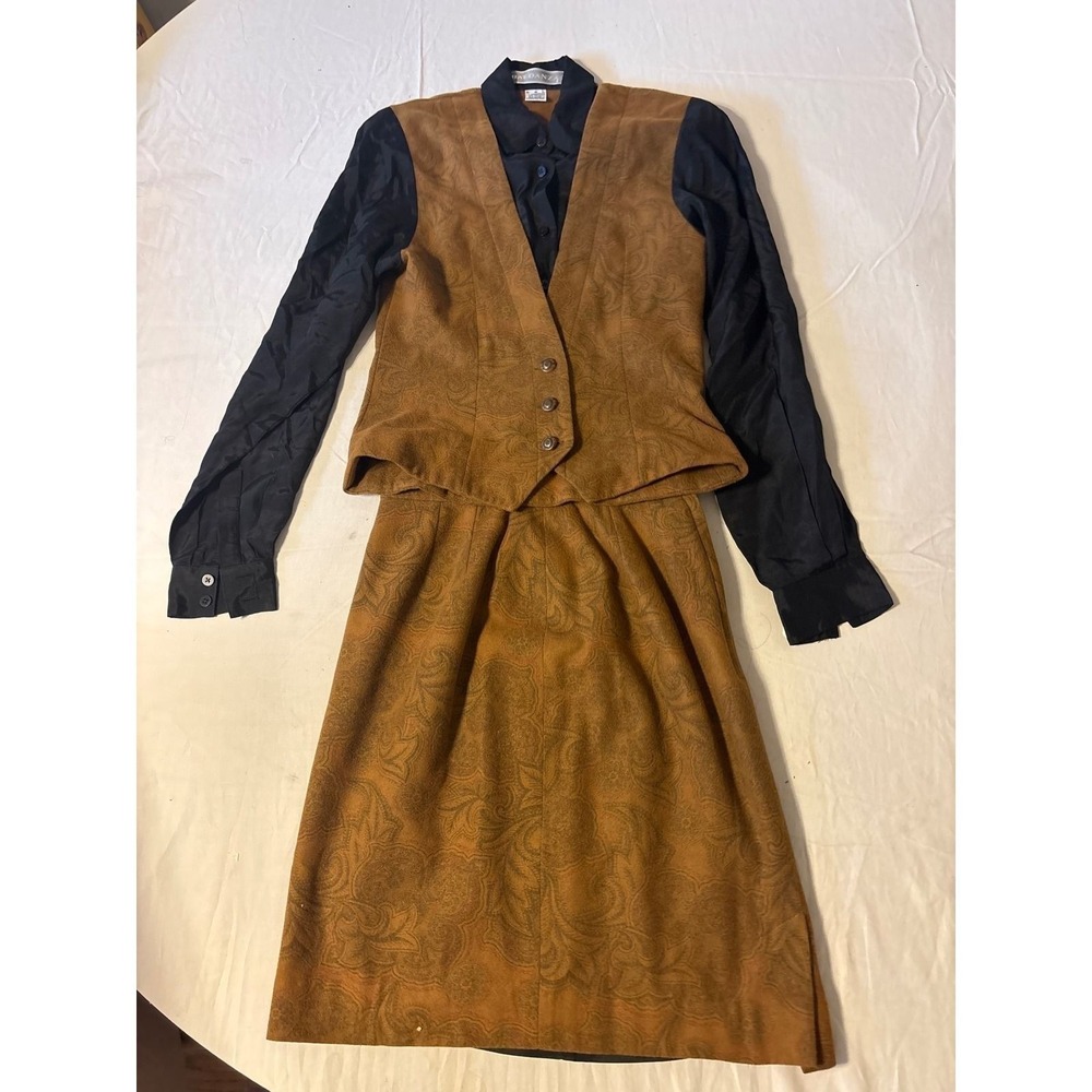 Baldanza Skirt Suit Set Womens 6 Brown Excellent Wool Cashmere Paisley 3pc Vest